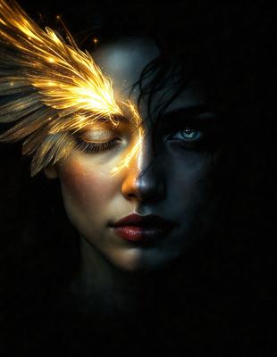 The primary subject of the image is a woman with a split face, featuring one half with a golden glow and the other half with a darker, more dramatic appearance. The setting is a dark background, which contrasts with the woman's face. The visual style is a digital art or illustration, creating a striking and unique image. The colors and mood of the image are a mix of warm and cool tones, with the golden glow representing light and hope, while the darker half symbolizes mystery and intrigue